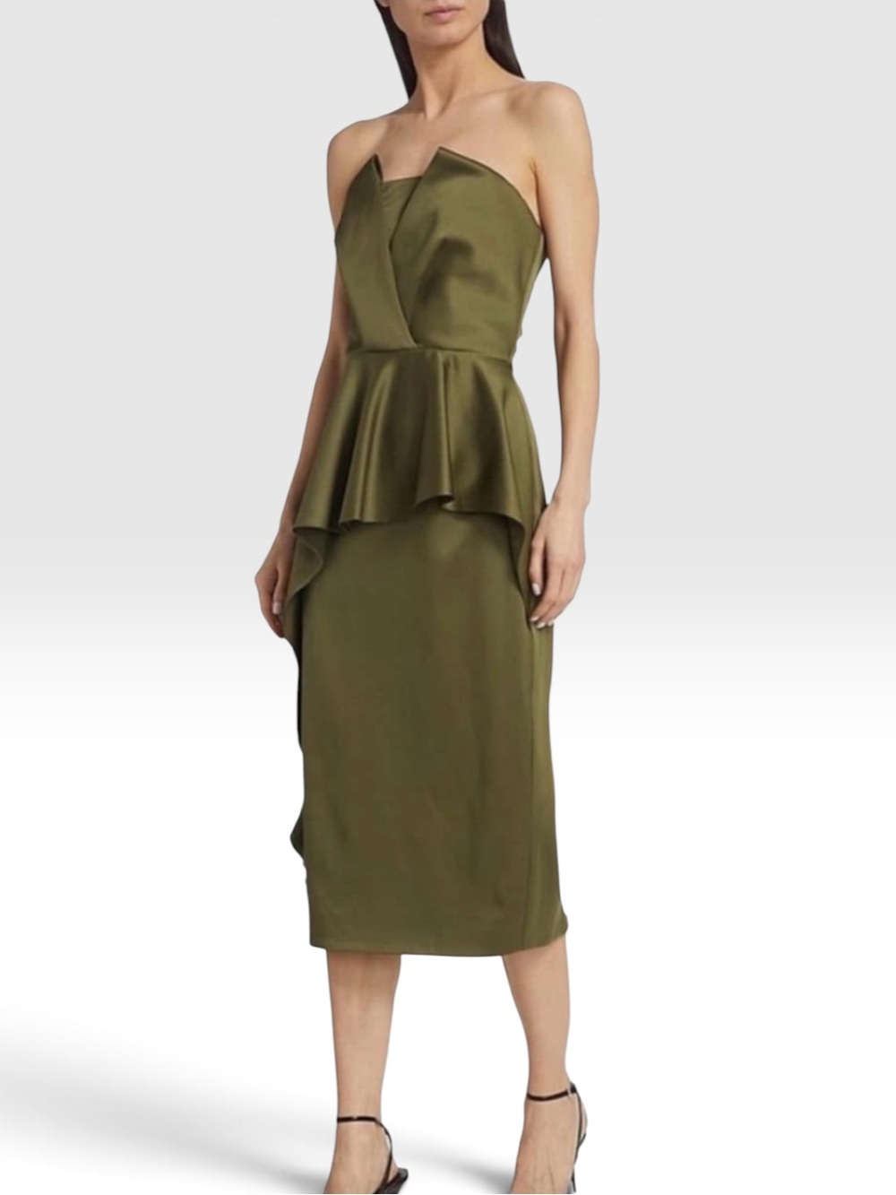 Elliatt Glacier Peplum Midi Dress Strapless Satin Olive Green Cocktail Ruffles S